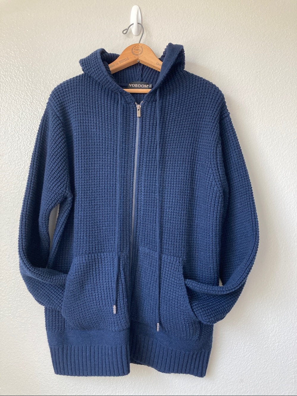Voboom Full zip hooded Thick Waffle weave Relaxed Sweater Jacket Cardigan sz L